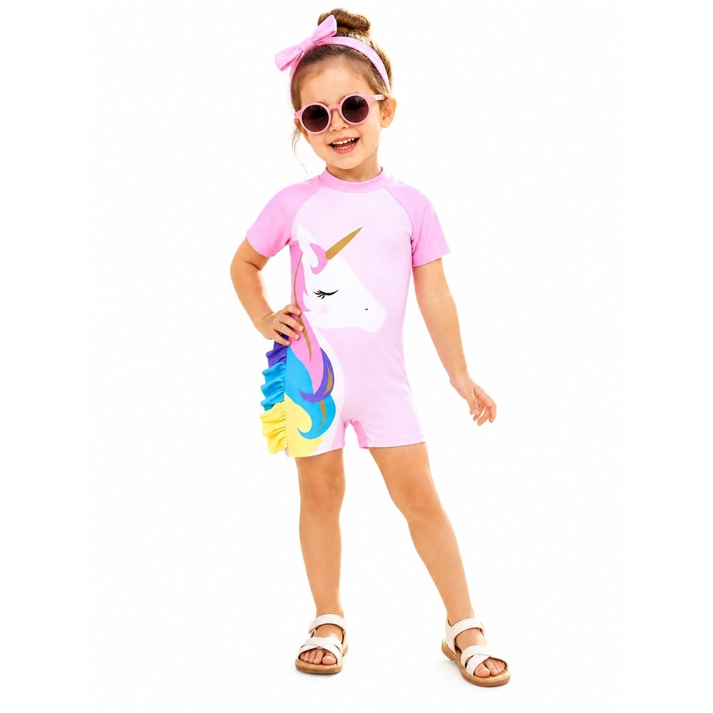 Toddler Girl Unicorn Onepiece Swimsuit – Ruffled Dark Pink Bathing Suit 3T